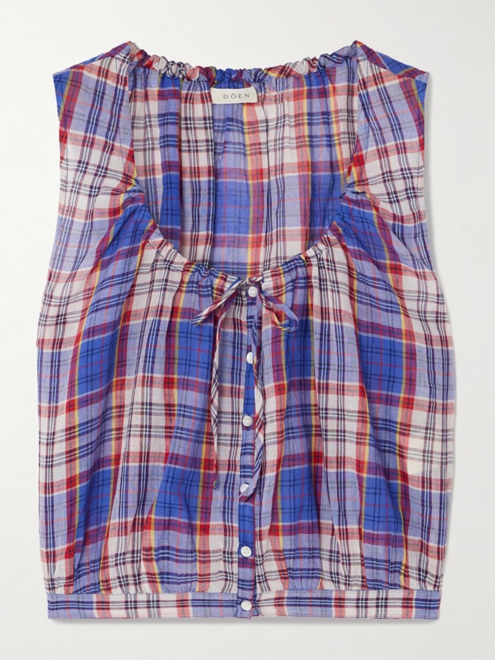 Doen Theo Tie Neck Checkered Button-Front Sleeveless Top